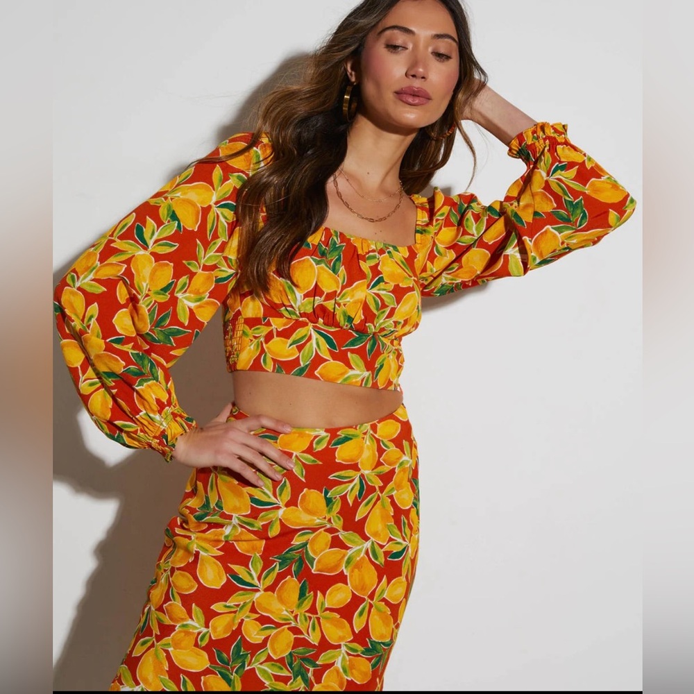 NEW- Vici Lemon Spritz Long Sleeve Crop Top & Midi skirt